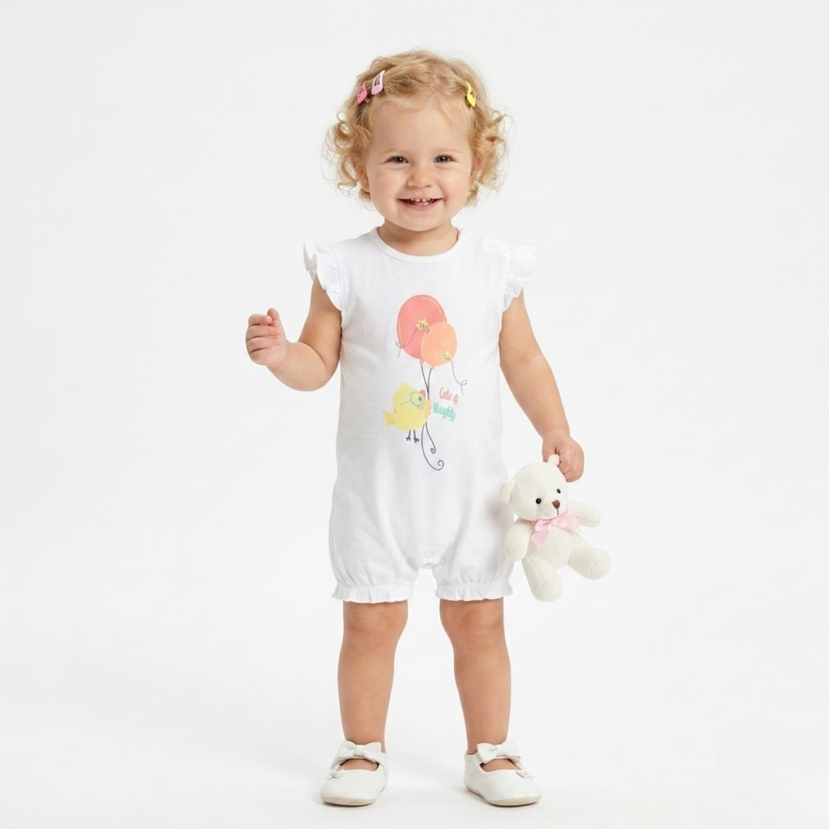 Baby girls Pack Of 2 Cotton printed Front Open Frill Sleeve Romper, Peach & White