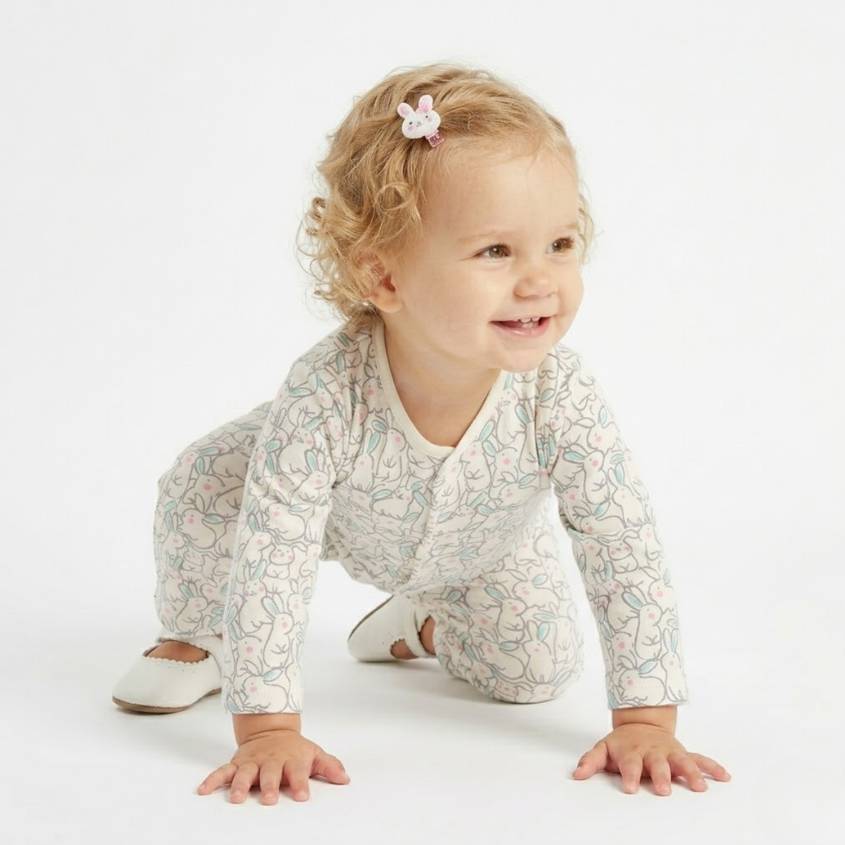 Baby Girls Pack of 2 Cotton Printed Sleepsuit, Grey & White