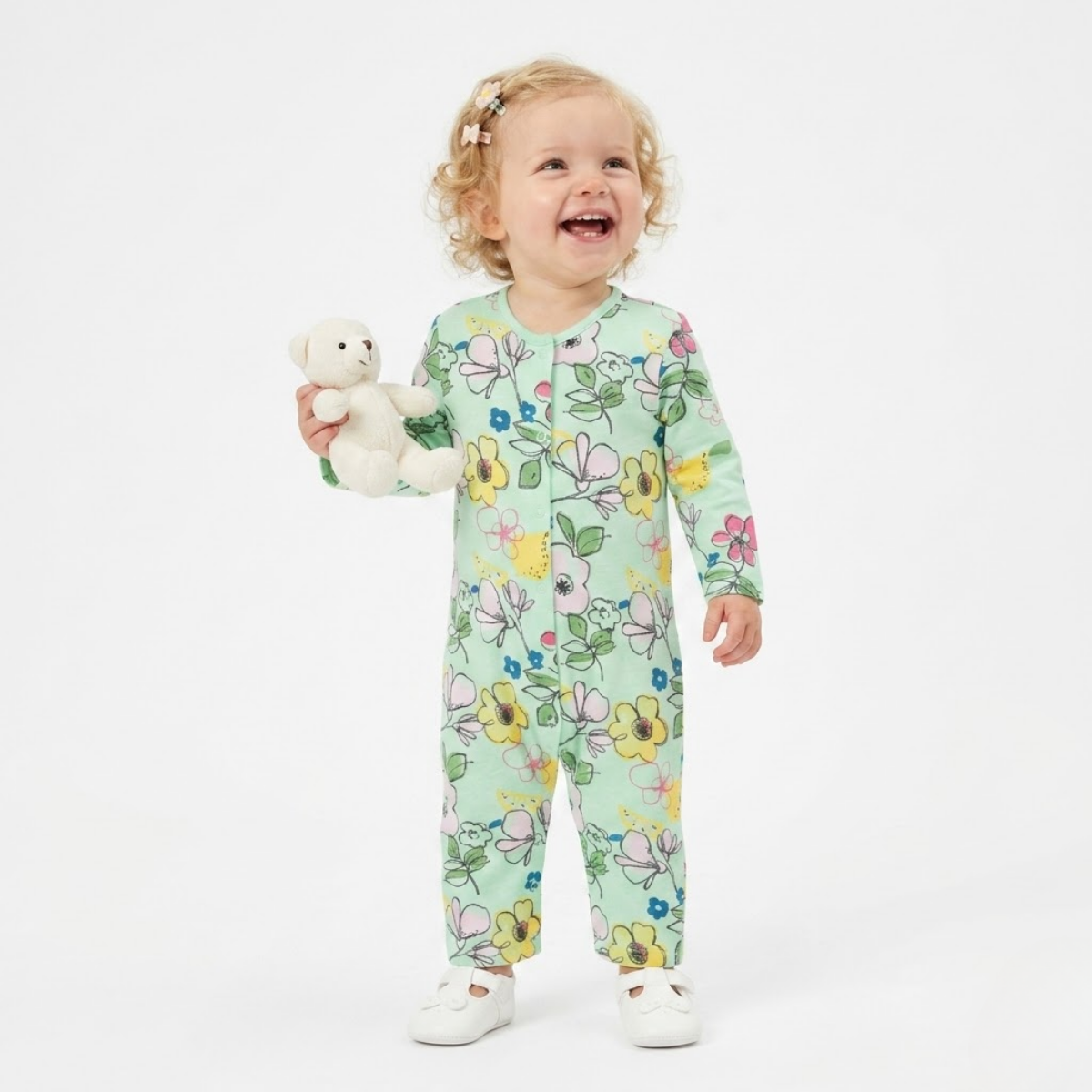 Baby Girls Pack of 2 Cotton Floral Printed Rompers, Pink & Green