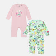 Baby Girls Pack of 2 Cotton Floral Printed Rompers, Pink & Green