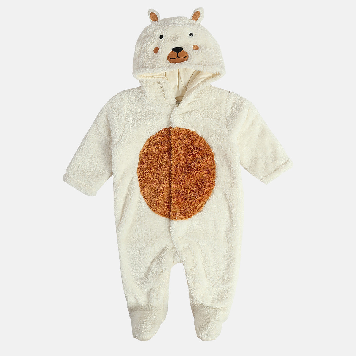 Baby Unisex Plush Polar Bear Hooded Animal Sleepsuit – Cream