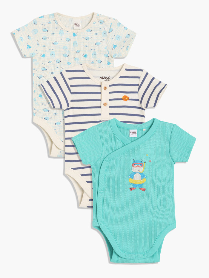 Baby boys Pack of 3 Aquatic animals printed Bodysuits, Blue & White
