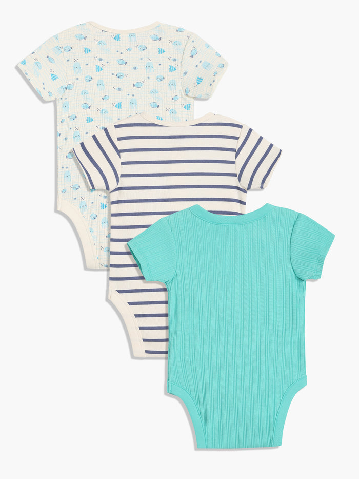 Baby boys Pack of 3 Aquatic animals printed Bodysuits, Blue & White
