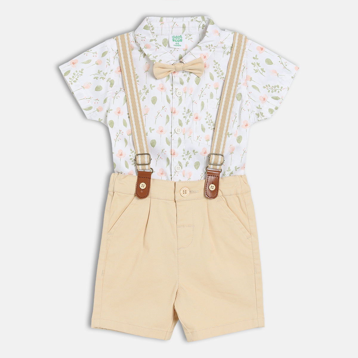 Baby Boys Floral Printed Shirt And Suspender Shorts Set , White And Beige