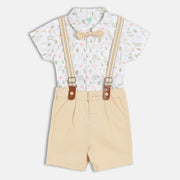Baby Boys Floral Printed Shirt And Suspender Shorts Set , White And Beige