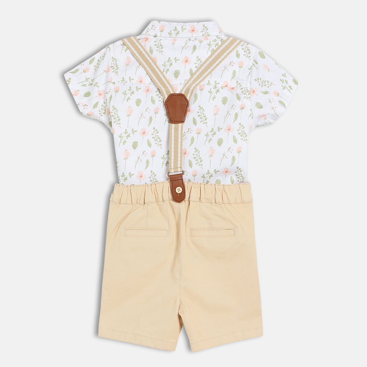 Baby Boys Floral Printed Shirt And Suspender Shorts Set , White And Beige