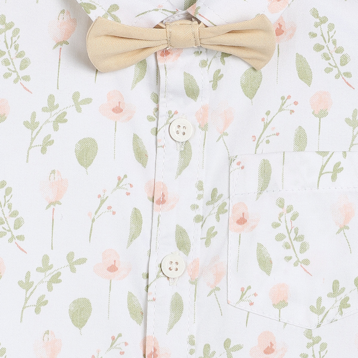 Baby Boys Floral Printed Shirt And Suspender Shorts Set , White And Beige