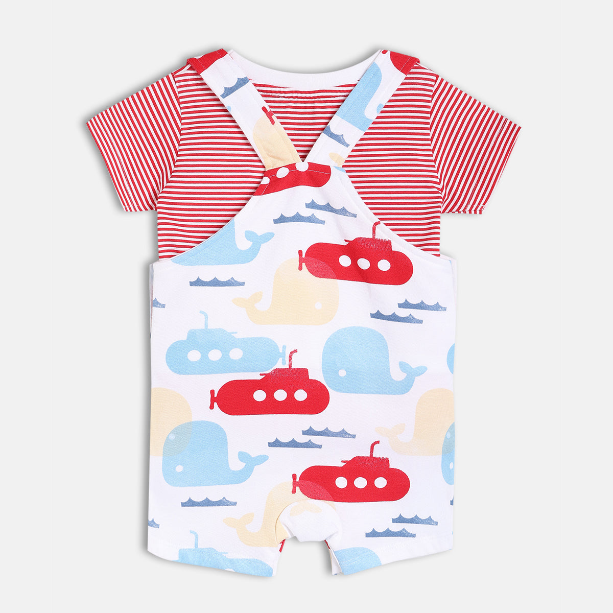 Boys Red/Multi Short Sleeve Dungaree Set