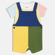 Baby Boys Colourblock Dungaree With Striped T-Shirt Set, Blue, Yellow And Green