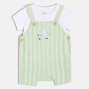 Baby Boys Striped Dungaree Set with Elephant Applique, Green & White