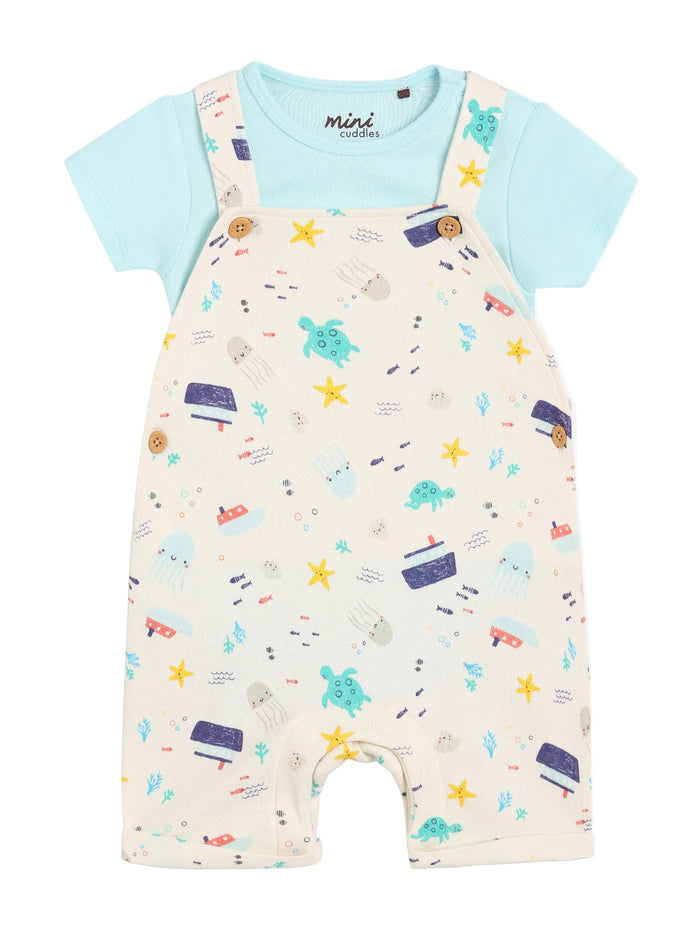 Baby Boys Sea Print Dungaree Set with T-Shirt, White & Blue