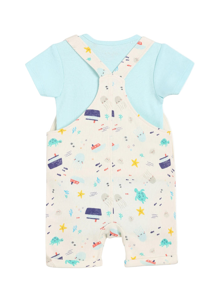 Baby Boys Sea Print Dungaree Set with T-Shirt, White & Blue
