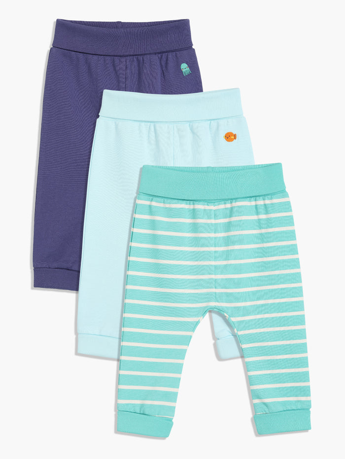 Baby Boys pack of 3 solid & striped Joggers, Blue