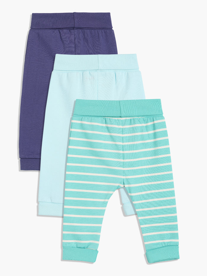Baby Boys pack of 3 solid & striped Joggers, Blue
