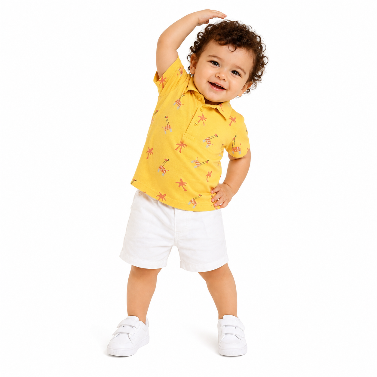 Baby Boys Yellow Cotton Polo T-Shirt Giraffe Print Regular Fit Casual Kids T-Shirt
