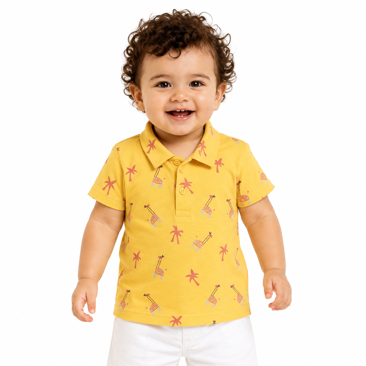 Baby Boys Yellow Cotton Polo T-Shirt Giraffe Print Regular Fit Casual Kids T-Shirt