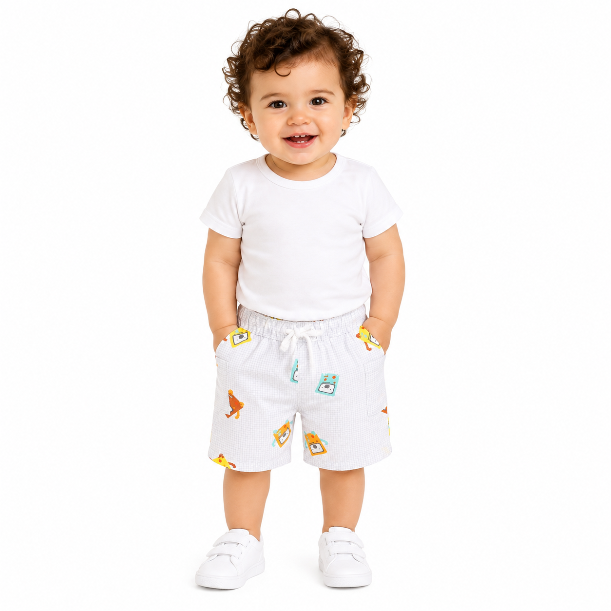Baby Boys White Cotton Shorts Robot Print Cargo Pockets Regular Fit Casual Kids Shorts