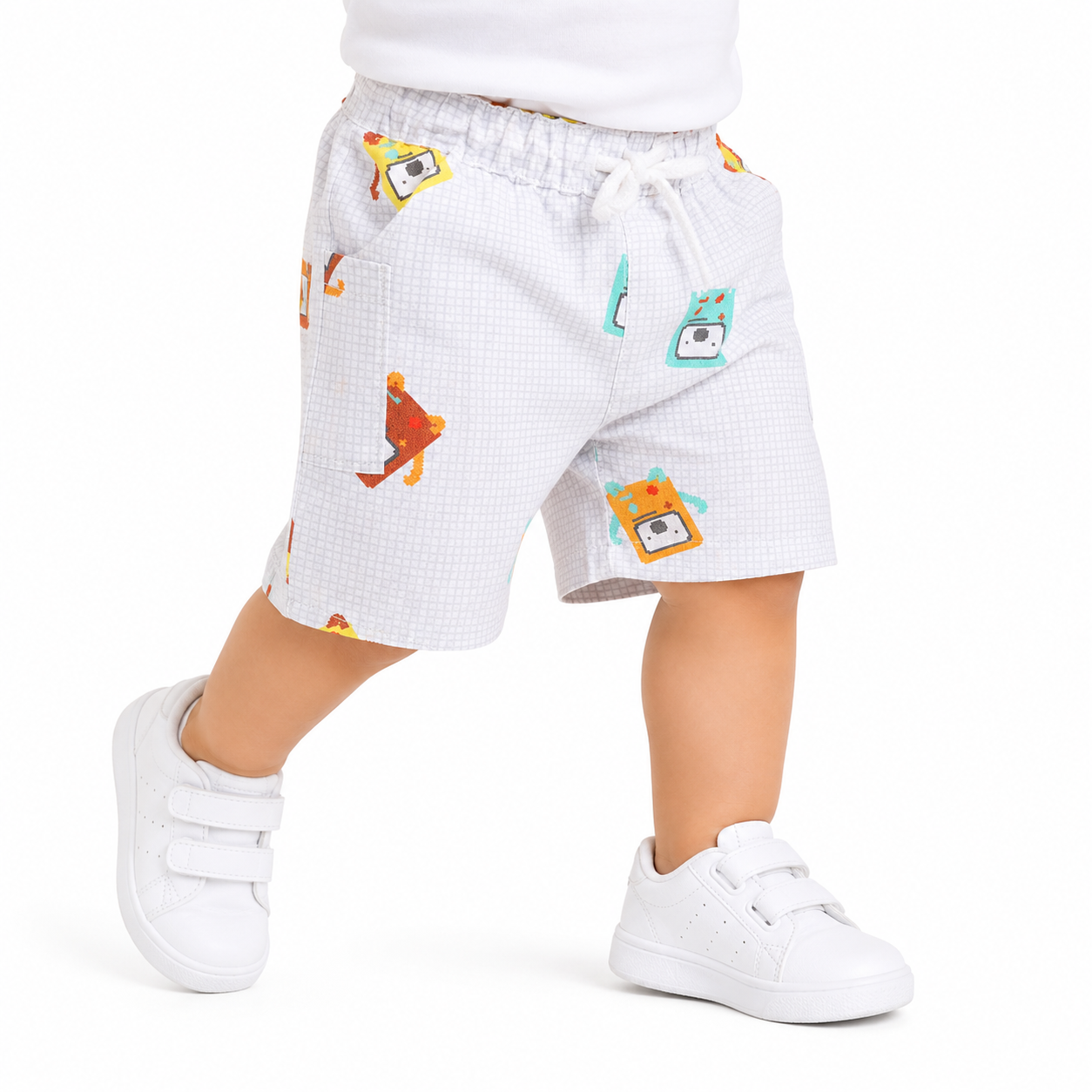 Baby Boys White Cotton Shorts Robot Print Cargo Pockets Regular Fit Casual Kids Shorts