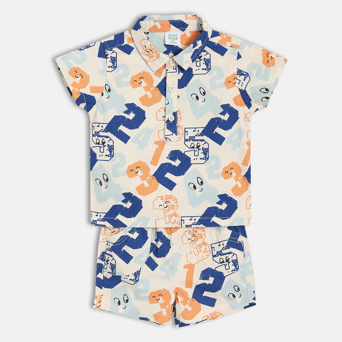 Kids Boys Numbers Print Shirt And Shorts Set, Off White, Blue And Orange