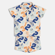 Kids Boys Numbers Print Shirt And Shorts Set, Off White, Blue And Orange