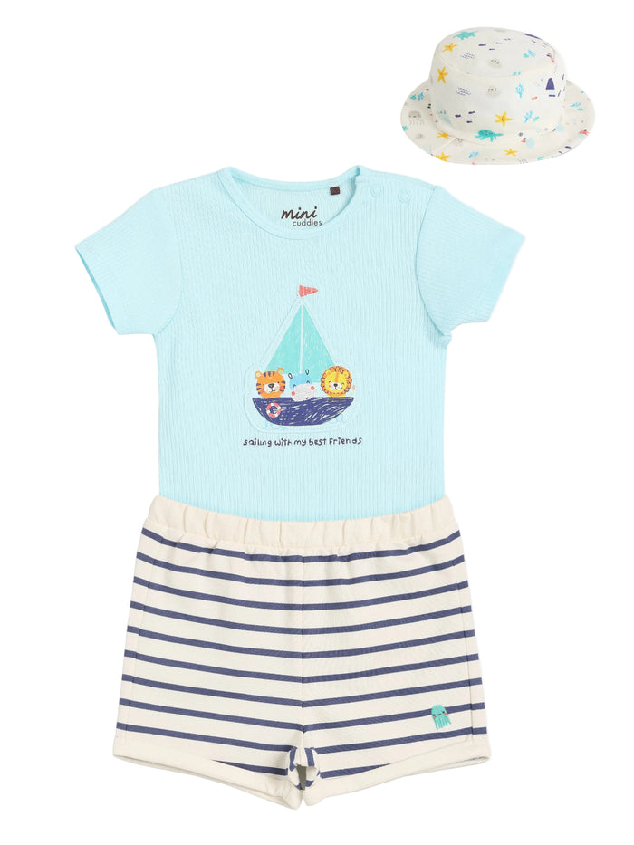 Baby Boys Graphic Print Top, Striped Shorts and Printed Hat Set, Blue and Beige