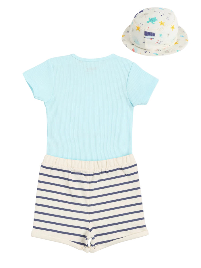 Baby Boys Graphic Print Top, Striped Shorts and Printed Hat Set, Blue and Beige