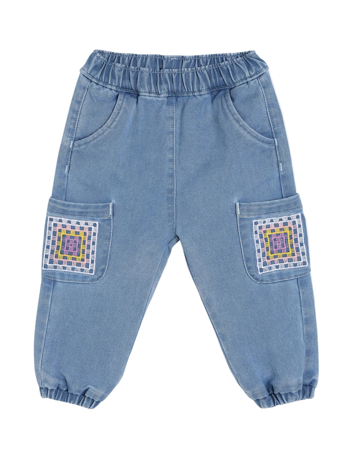 Baby Girls Embroidered Denim Pant, Blue