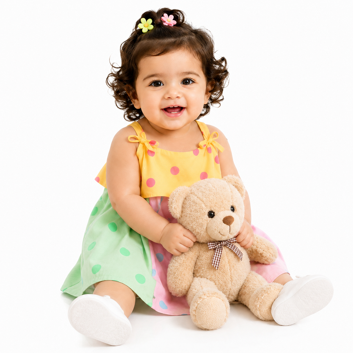 Baby Girls Yellow Mint Green and Pink Cotton Dress with Bloomers Polka Dot Summer Wear
