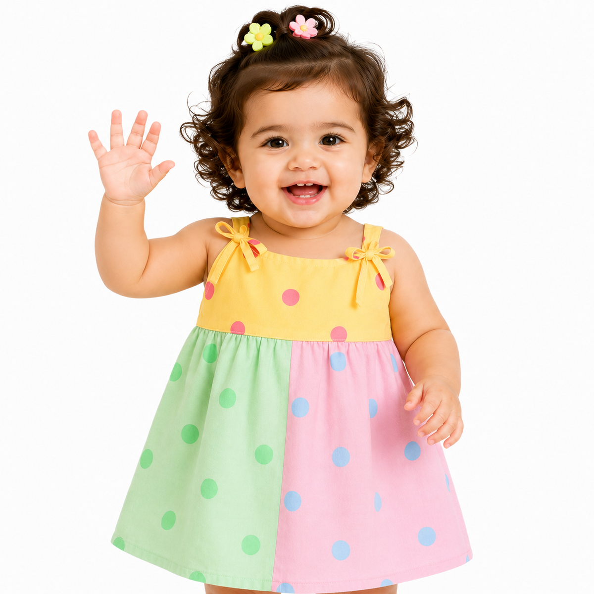 Baby Girls Yellow Mint Green and Pink Cotton Dress with Bloomers Polka Dot Summer Wear