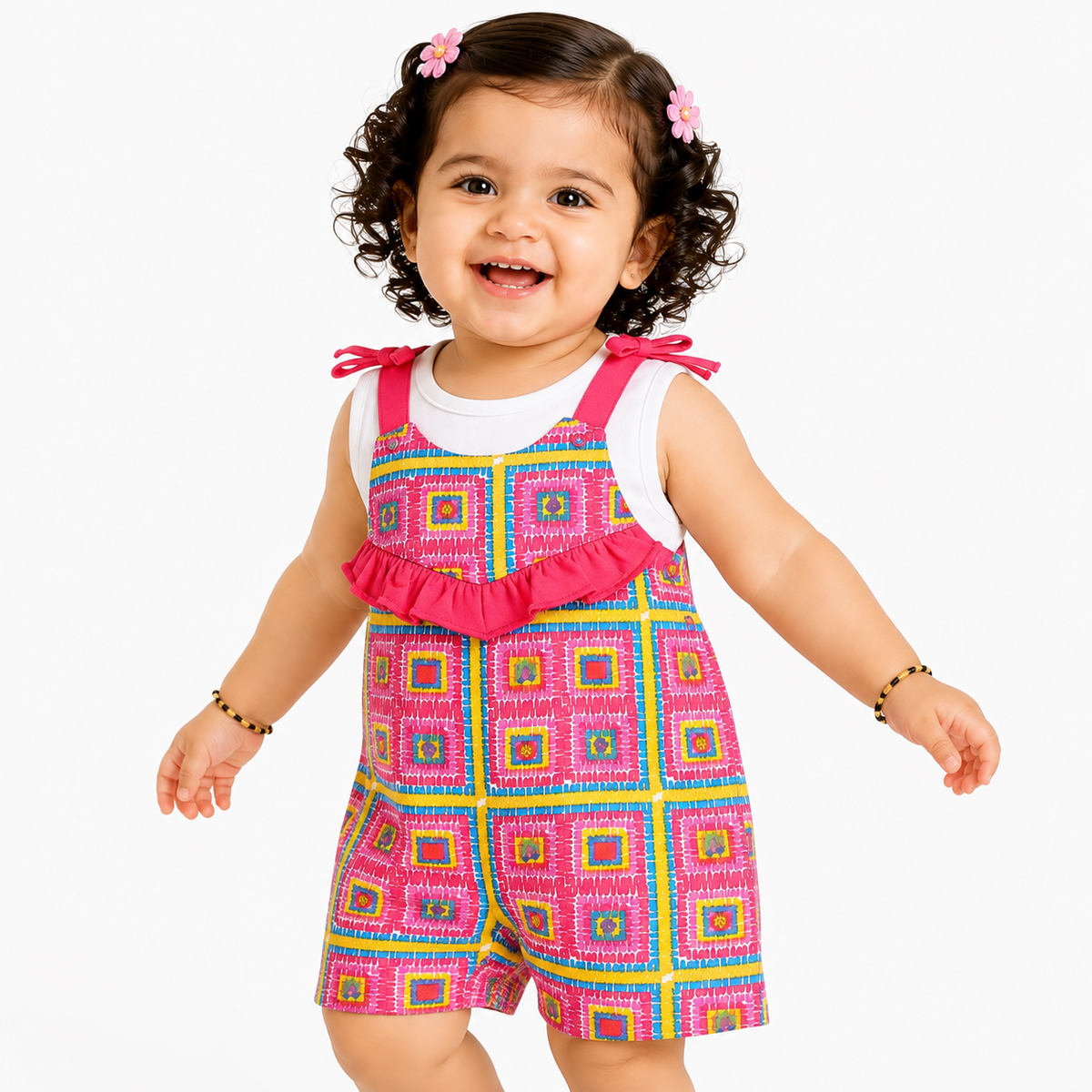 Girls Pink Sleeve Less Dungaree Set