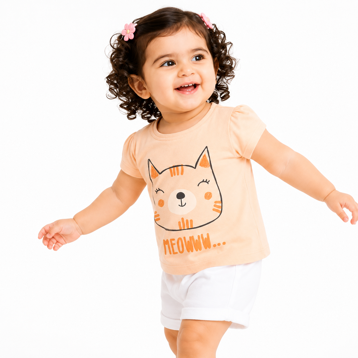 Baby Girls Peach Cotton Cat Graphic T-Shirt Regular Fit Casual Wear