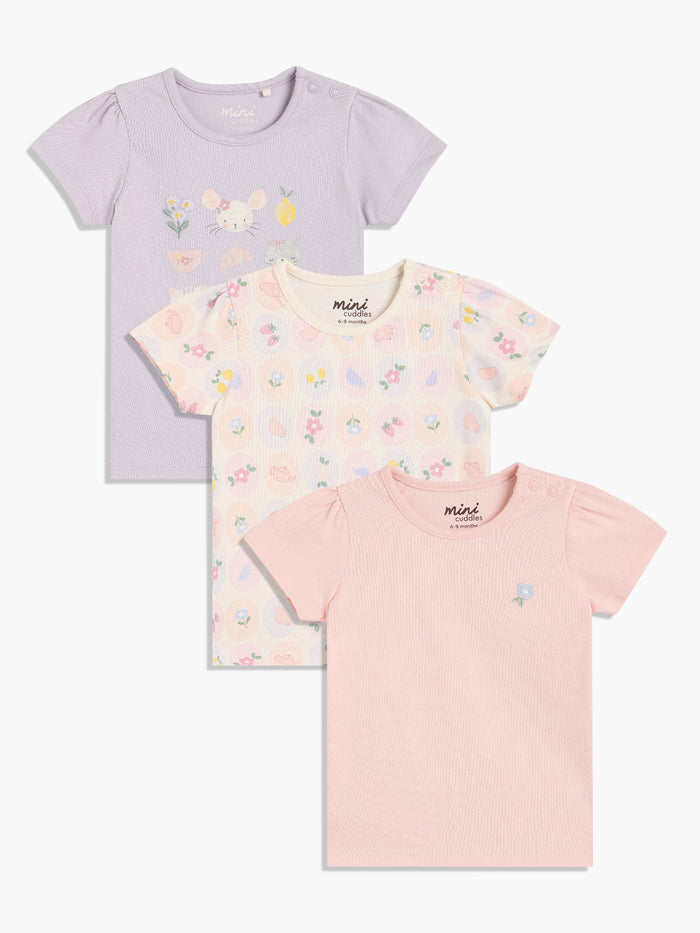 Baby Girls pack of 3 Floral and mouse  printed T-Shirt, Lilac & Pink