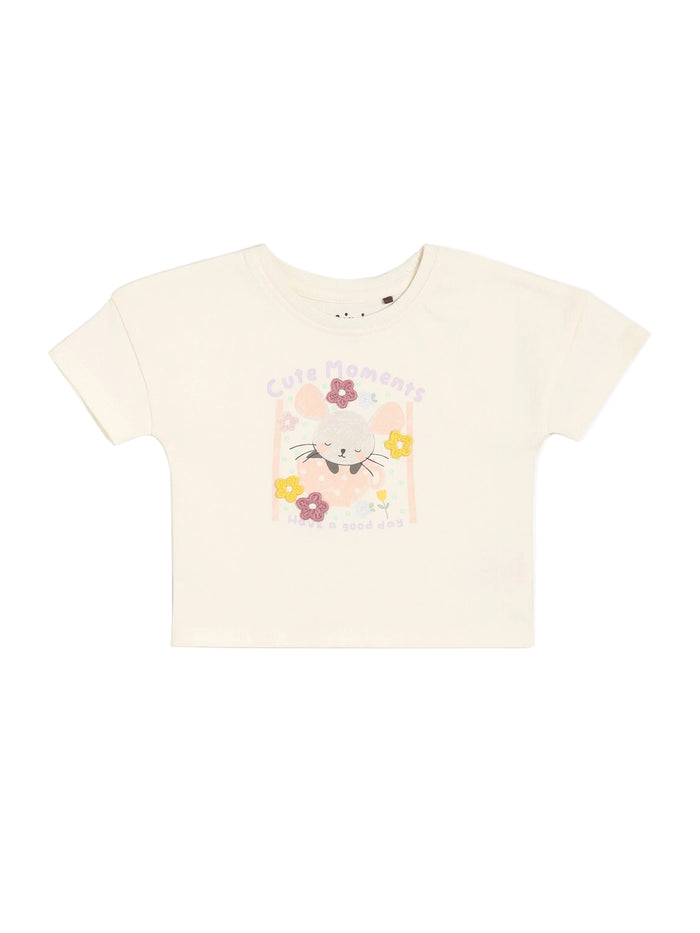 Baby Girls Cute Moments Printed Top, Cream