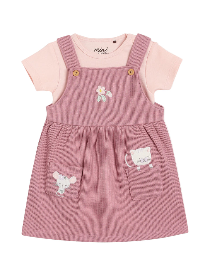 Baby Girls floral and mouse embroidered pinny set with bodysuit, Pink