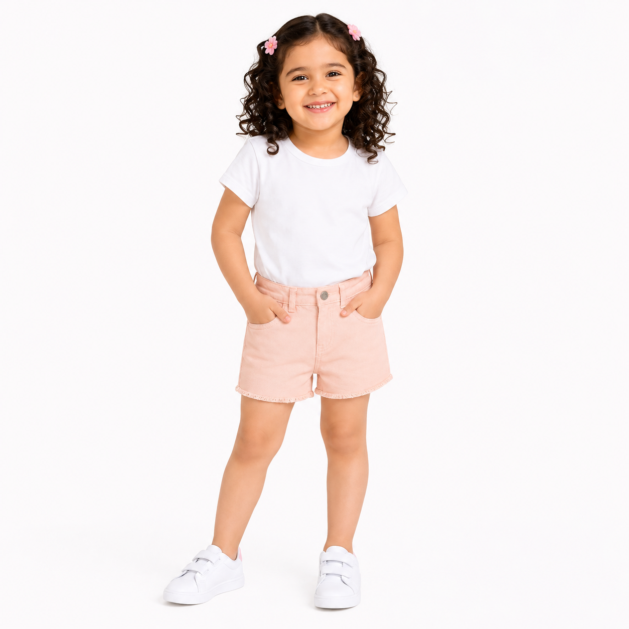 Girls Peach Cotton Denim Shorts Frayed Hem Regular Fit Casual Kids Shorts