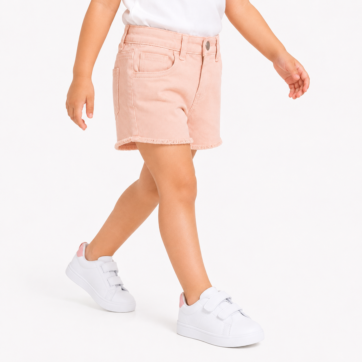 Girls Peach Cotton Denim Shorts Frayed Hem Regular Fit Casual Kids Shorts