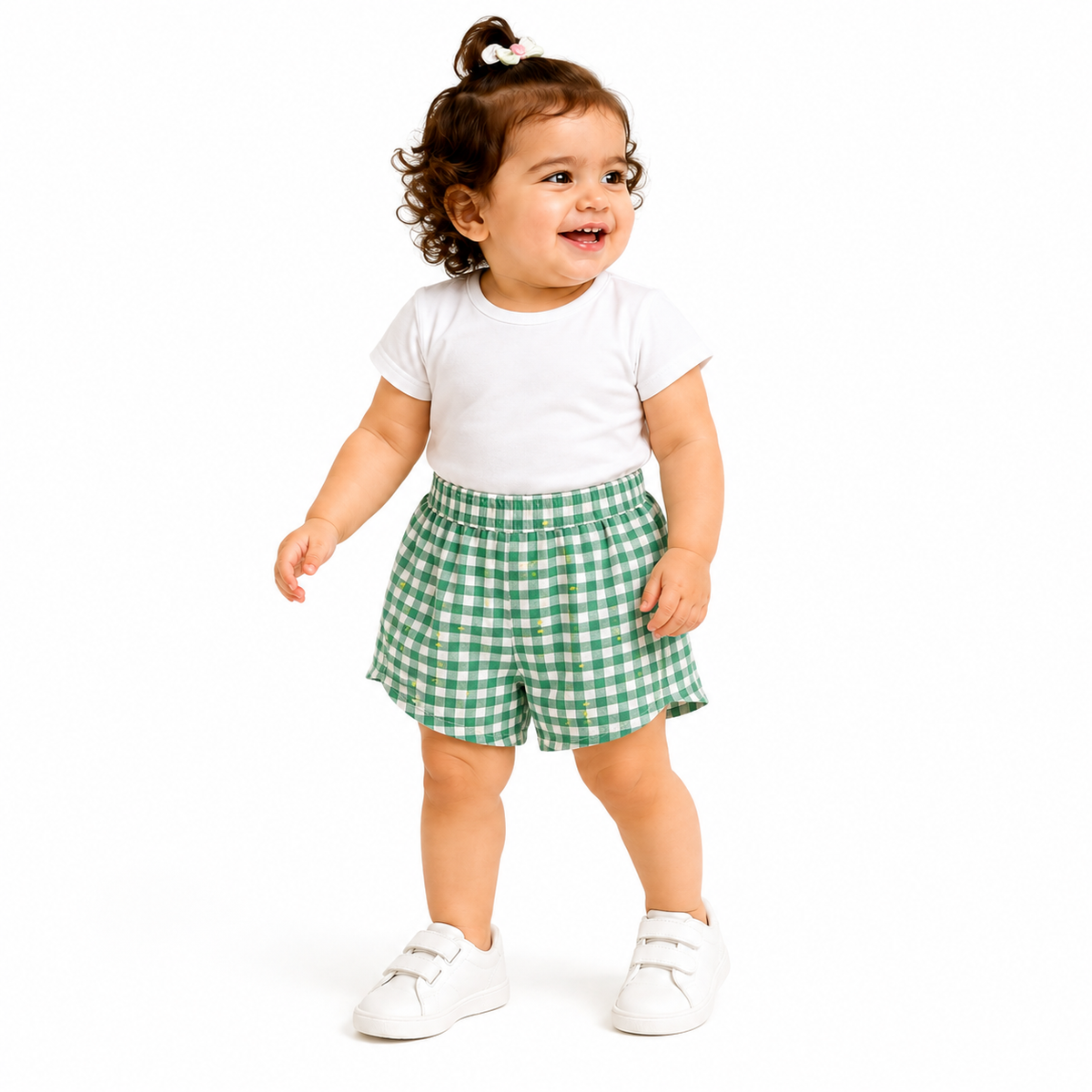 Girls Green and White Cotton Checked Shorts Elasticated Waist Regular Fit Casual Wear