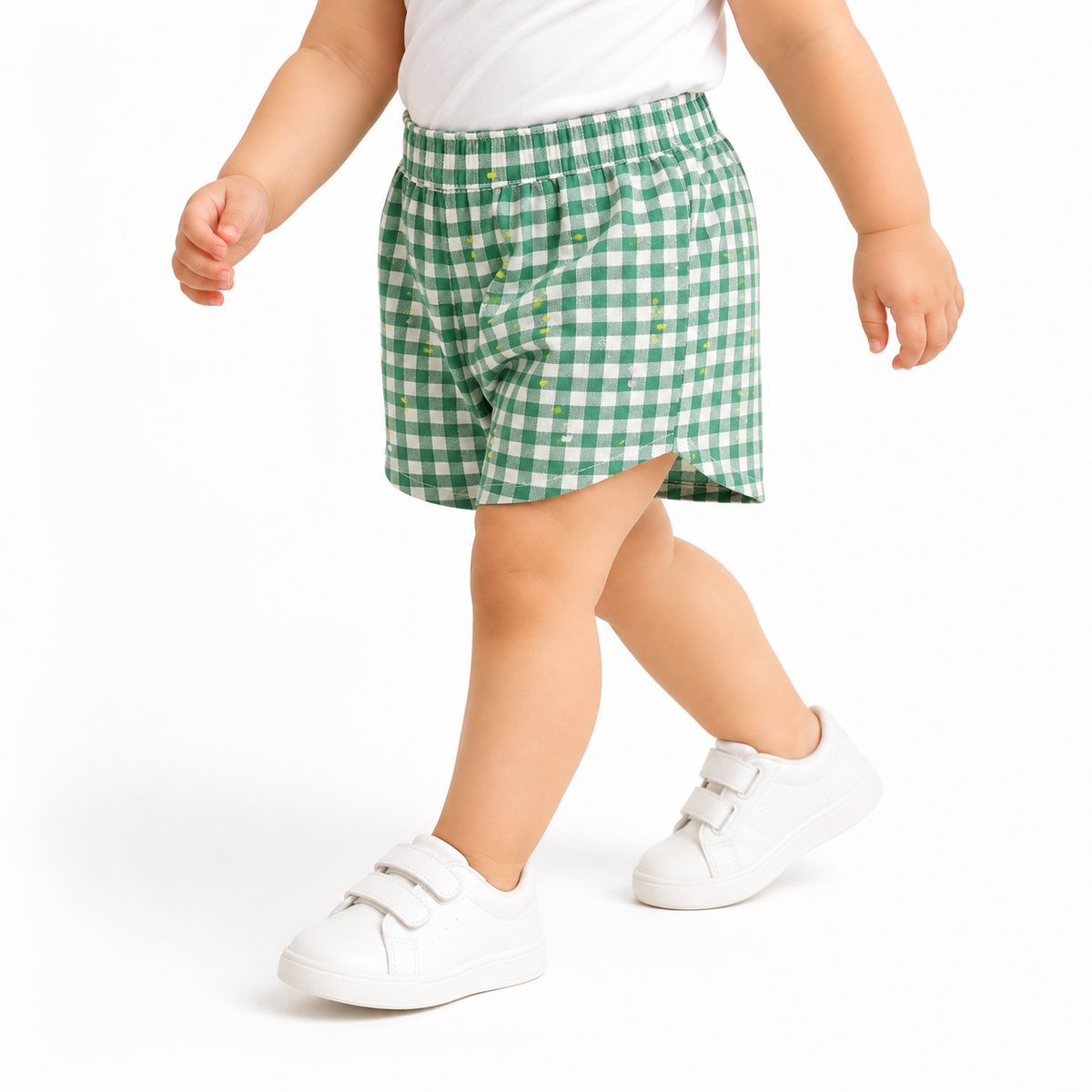 Girls Green and White Cotton Checked Shorts Elasticated Waist Regular Fit Casual Wear