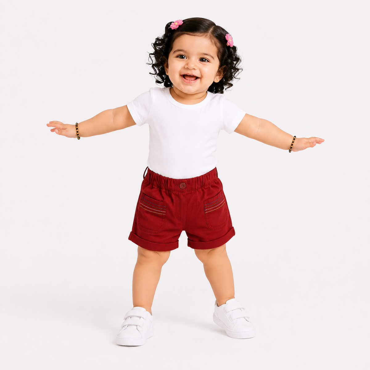 Girls Maroon Cotton Shorts Elasticated Waist with Pockets Regular Fit Casual Kids Shorts