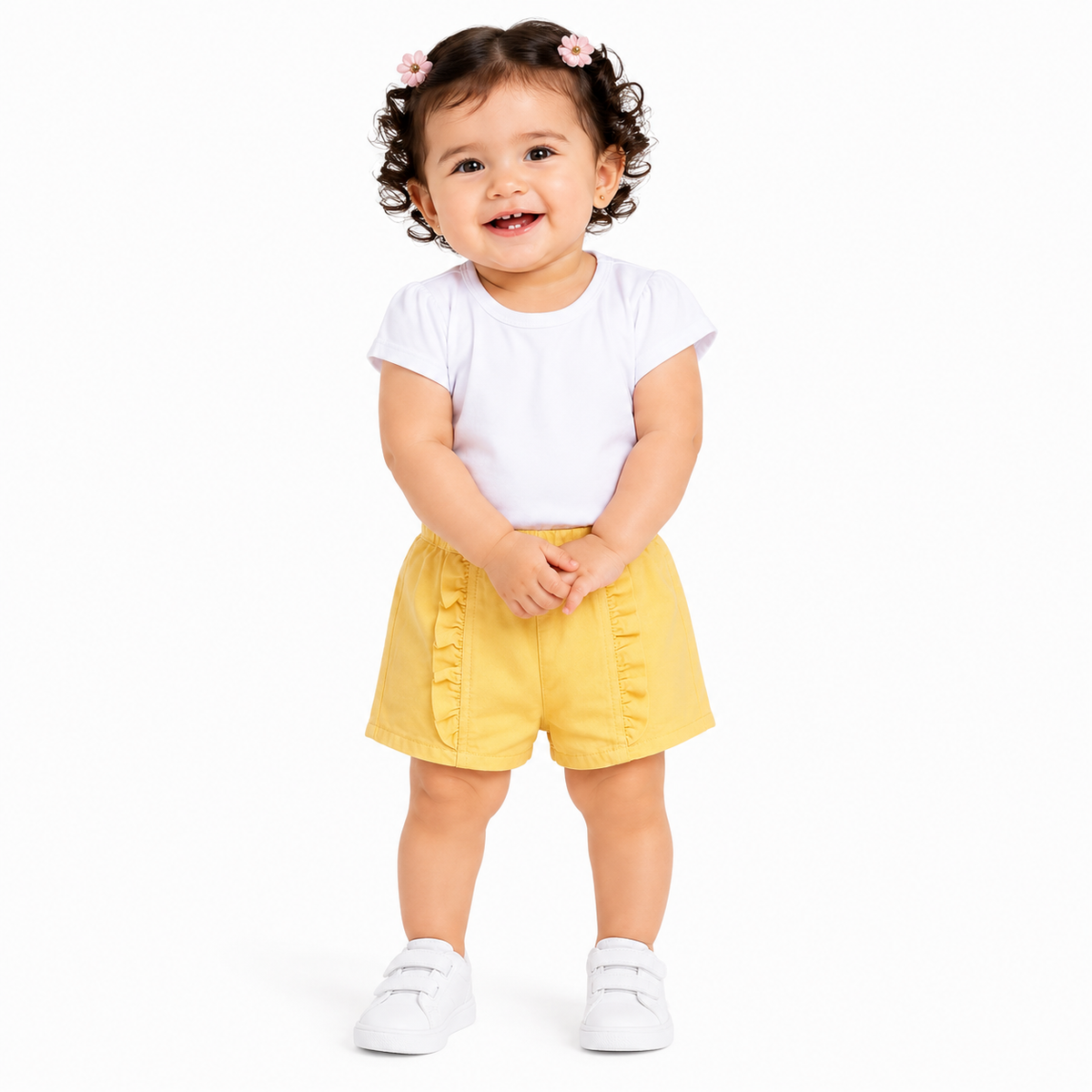 Baby Girls Yellow Cotton Solid Shorts Ruffle Detail Regular Fit Casual Wear