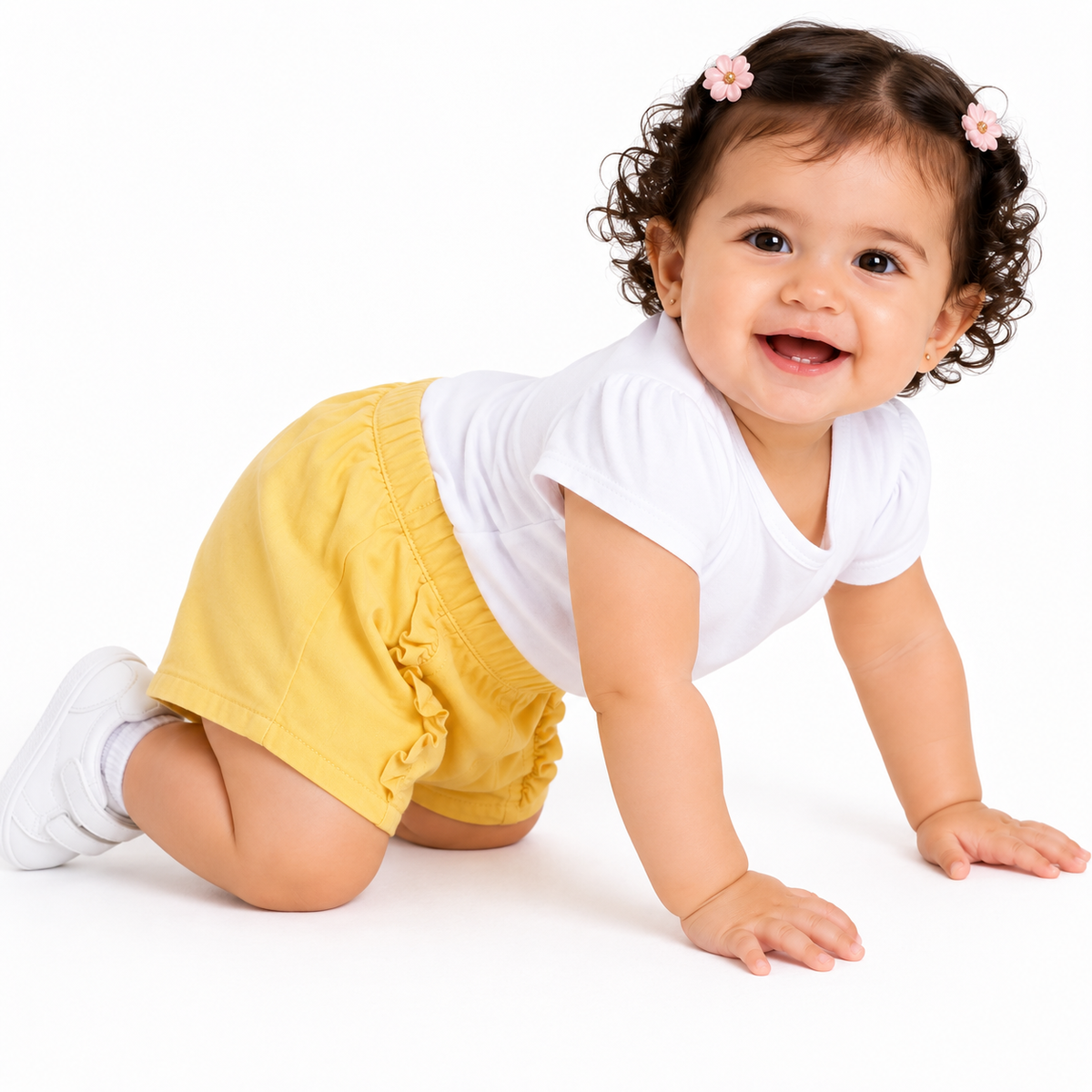 Baby Girls Yellow Cotton Solid Shorts Ruffle Detail Regular Fit Casual Wear