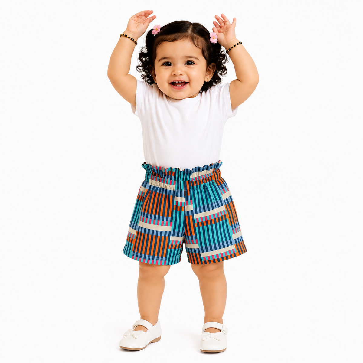 Girls Blue Green and Orange Cotton Shorts Geometric Print Paperbag Waist Casual Kids Shorts