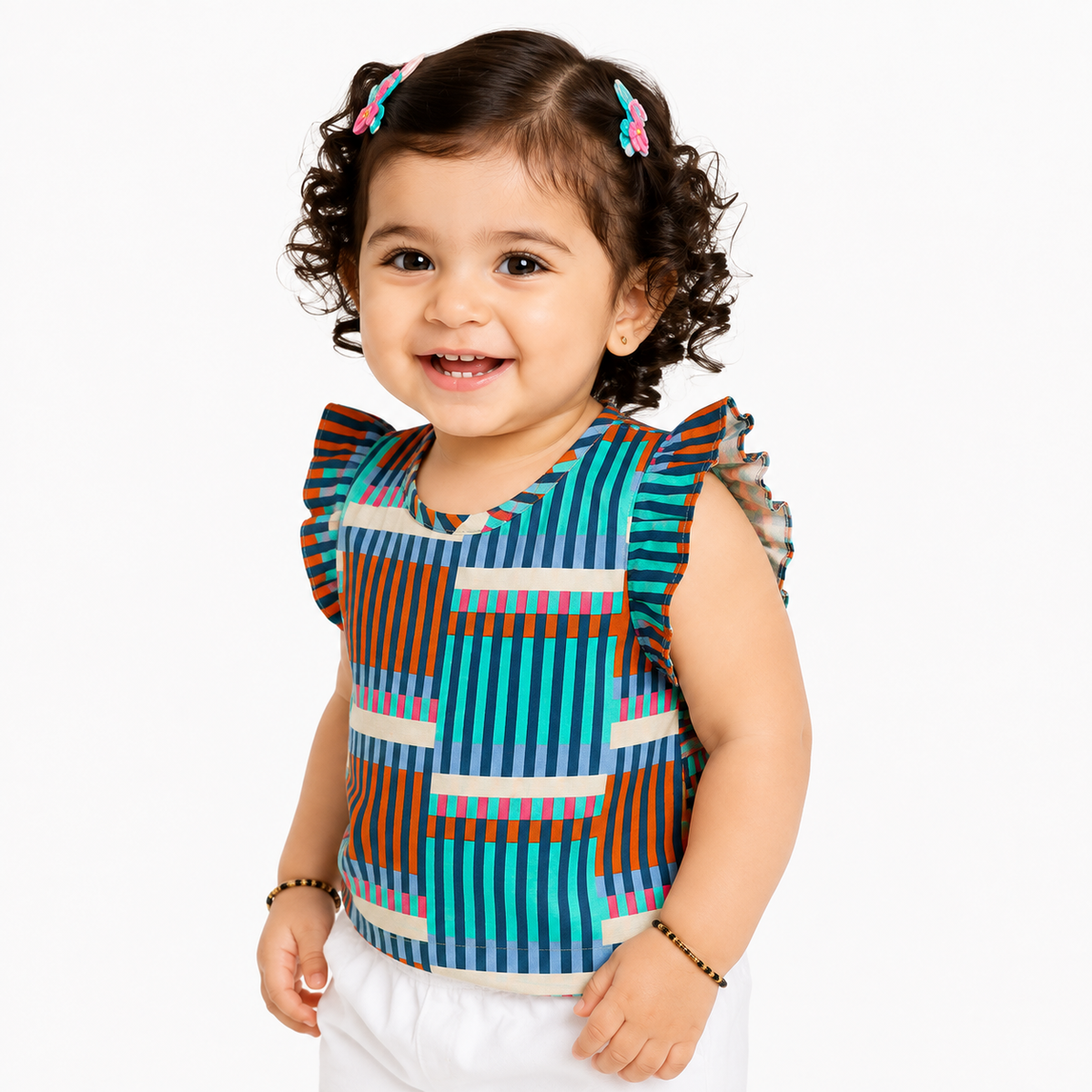Girls Blue Frill Sleeve Woven Top