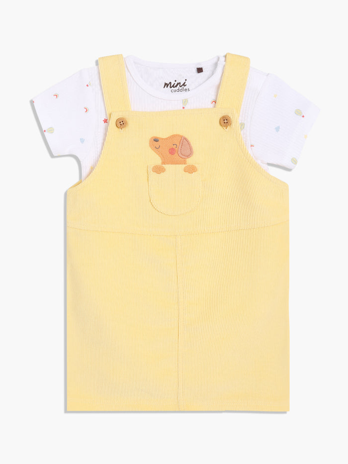 Baby Girls Embroidered Dog Pinny Set, Yellow & White