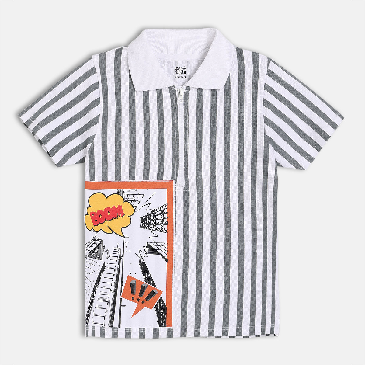 Baby Boys Striped Zip-Up Polo T-Shirt , White And Grey