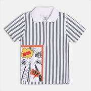 Baby Boys Striped Zip-Up Polo T-Shirt , White And Grey