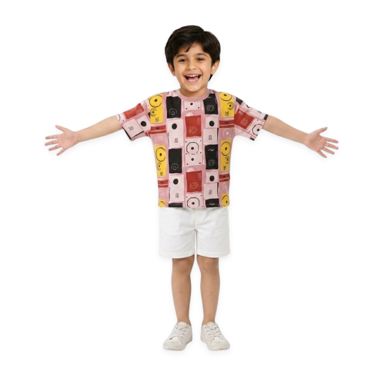 Boys Pink Yellow Black and White Cotton Abstract Printed T-Shirt Half Sleeves Regular Fit Casual Wear