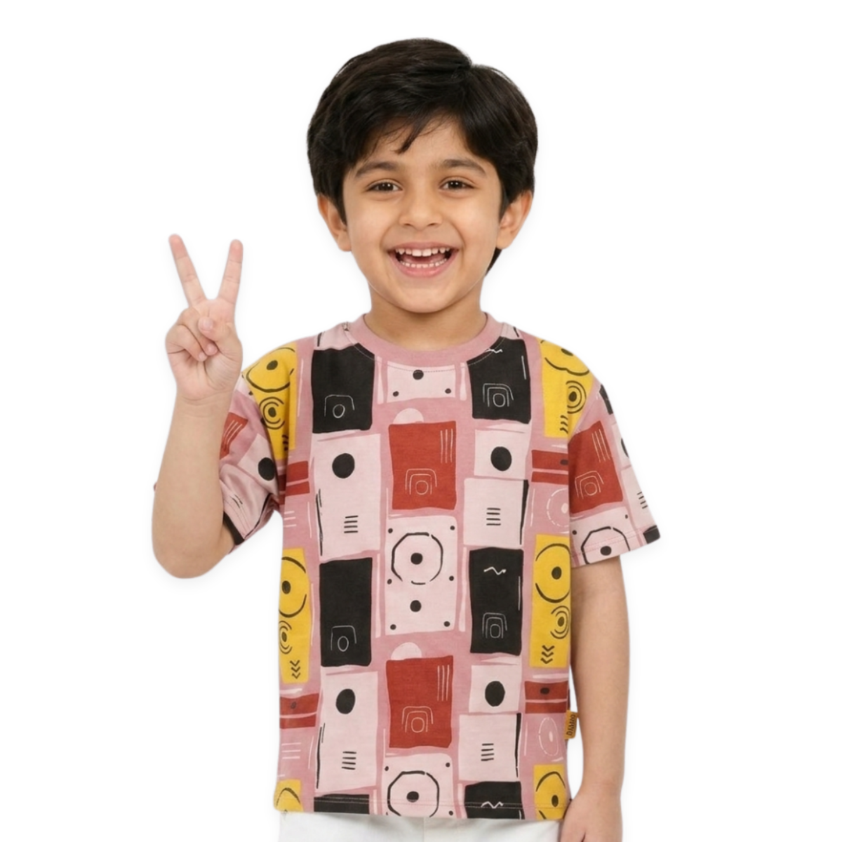 Boys Pink Yellow Black and White Cotton Abstract Printed T-Shirt Half Sleeves Regular Fit Casual Wear