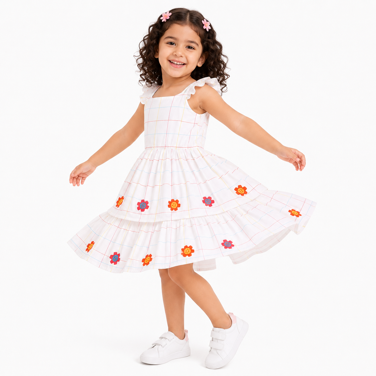 Girls White Cotton Dress Floral Embroidery Tiered Design Party Wear