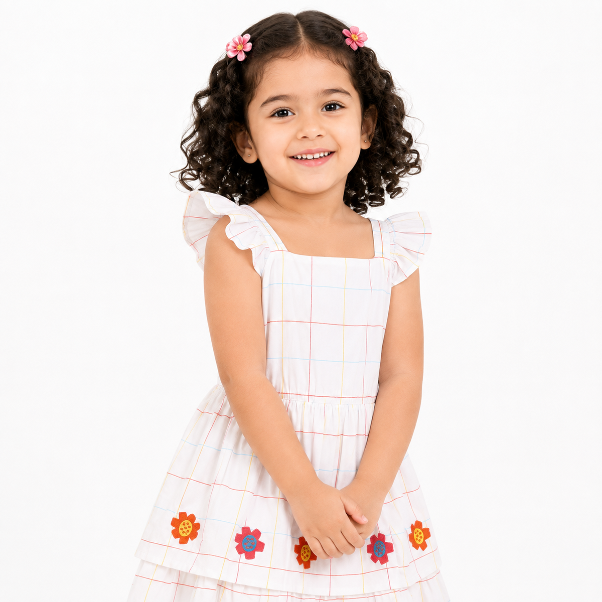 Girls White Cotton Dress Floral Embroidery Tiered Design Party Wear